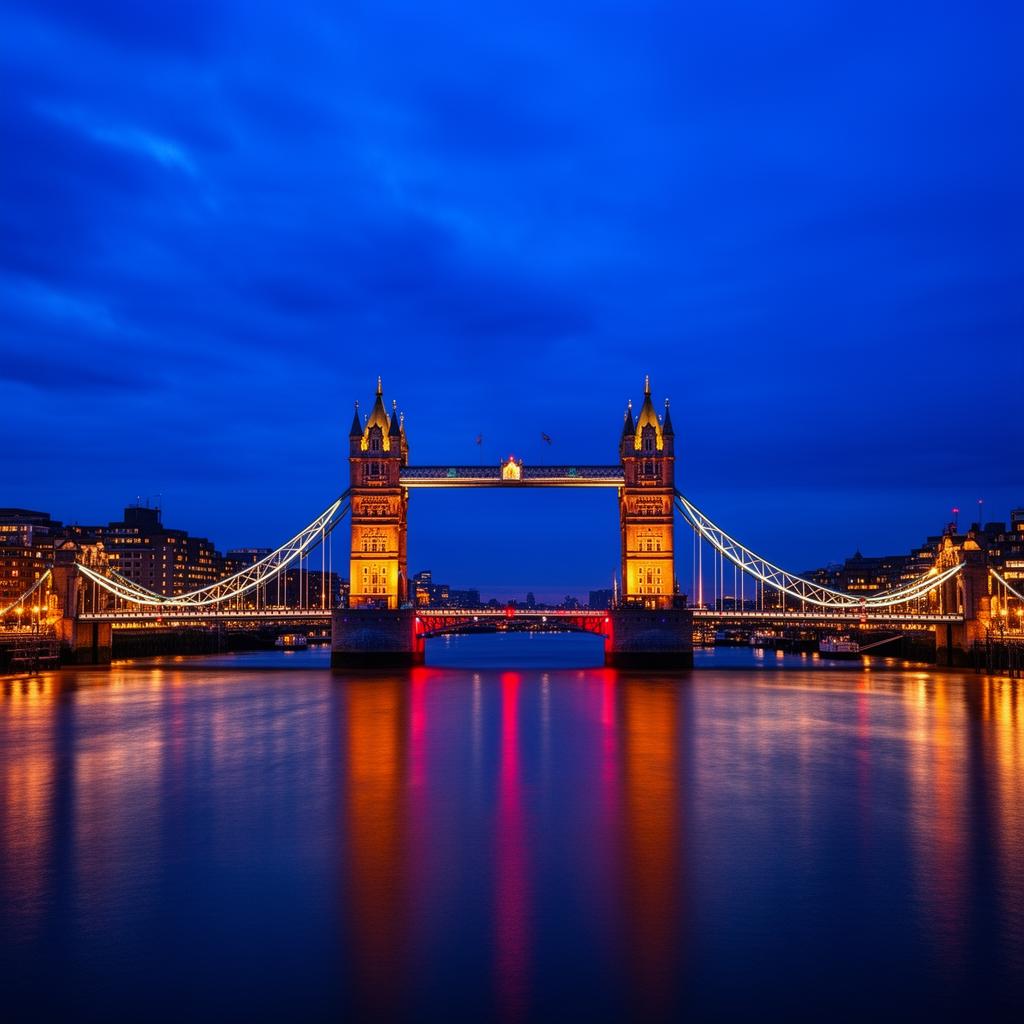 Tower Bridge em Londres ao anoitecer — agende sua aula experimental de inglês